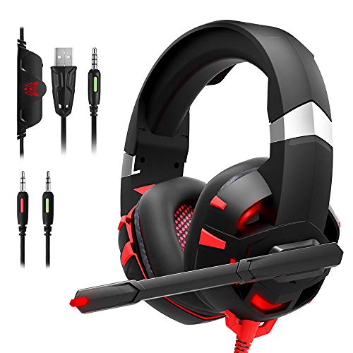 Gaming Headset w/ 7.1 Surround Sound Stereo,Noise Canceling Mic & LED Light(Red)