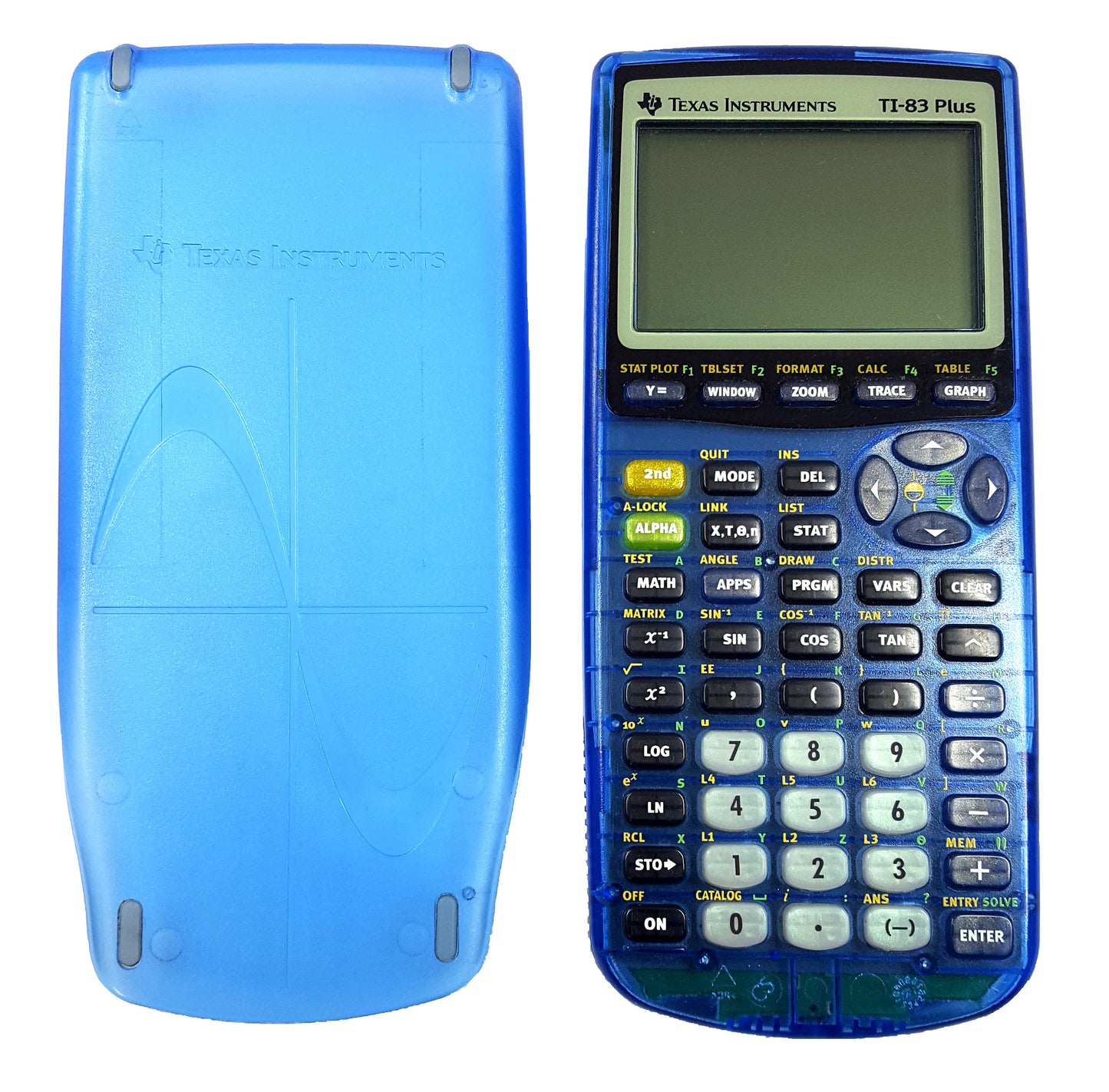 Clear Blue TI 83 Plus Graphing Calculator with Slide Cover and Battery Cover