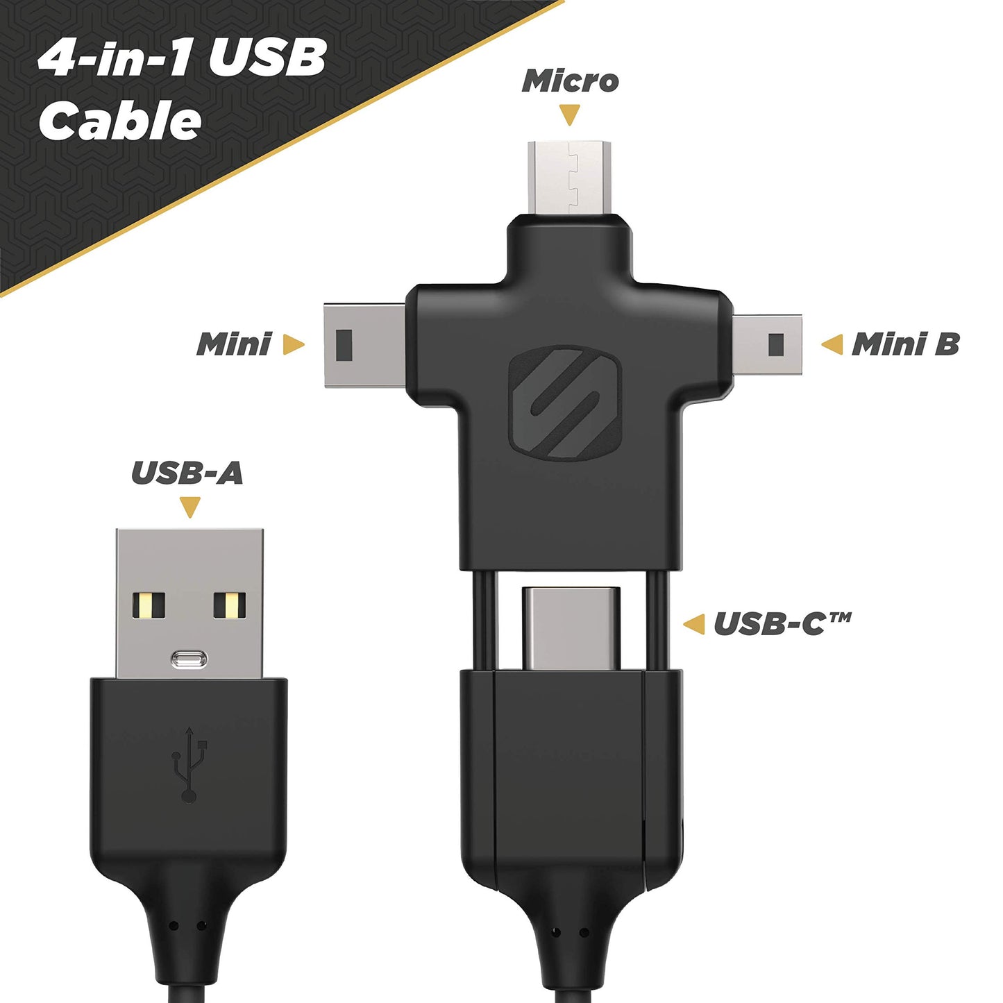 4-in-1 USB-C, Mini USB, Mini B & Micro USB to USB Charge & Sync 3ft Cable